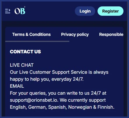 Contact options for support enquiries at OrionsBet