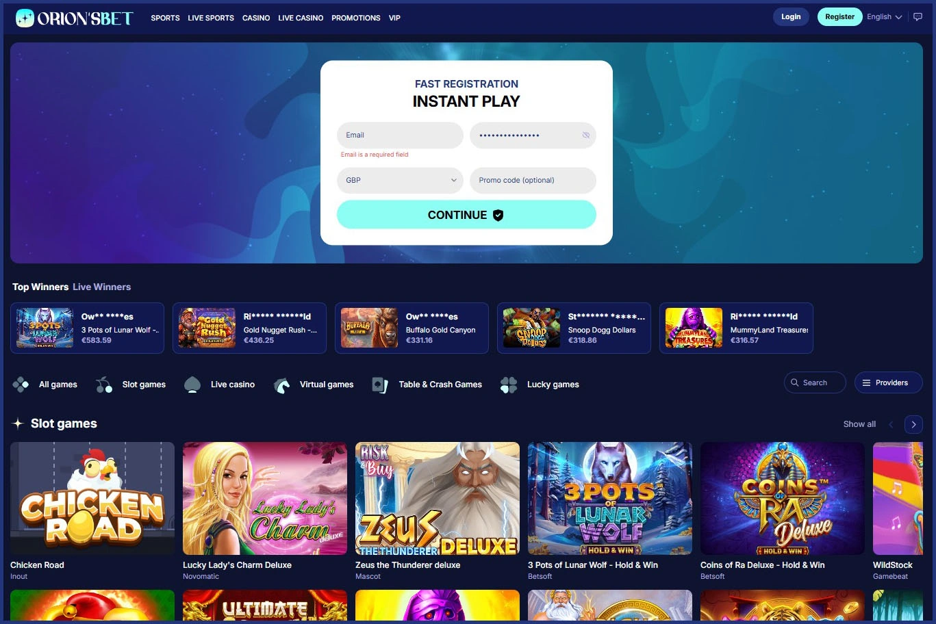 Compact overview of the main sections of OrionsBet